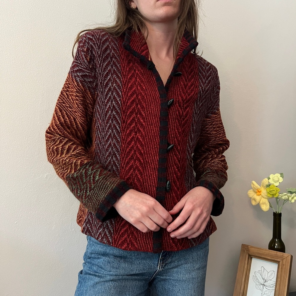 Patricia Palson Knit Jacket Art to Wear Red Orange Chevron Zigzag Button Front S